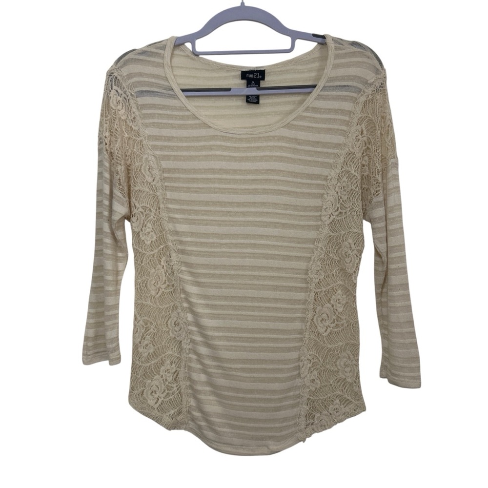 rue21 Cream Striped Sheer Lace Accent 3/4 Sleeve Top - Size M